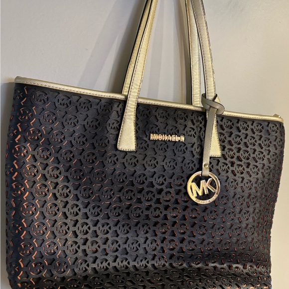 Michael Kors| Black & Gold “Jet Set” Perforated Monogram Large Tote Carryall Bag - Picture 2 of 7